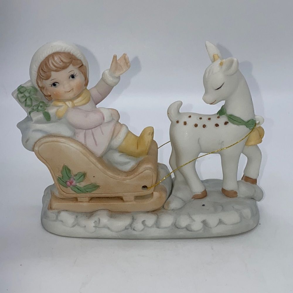 Treasure Masters Vintage Girl on Sleigh with Reindeer Bisque Figurine
